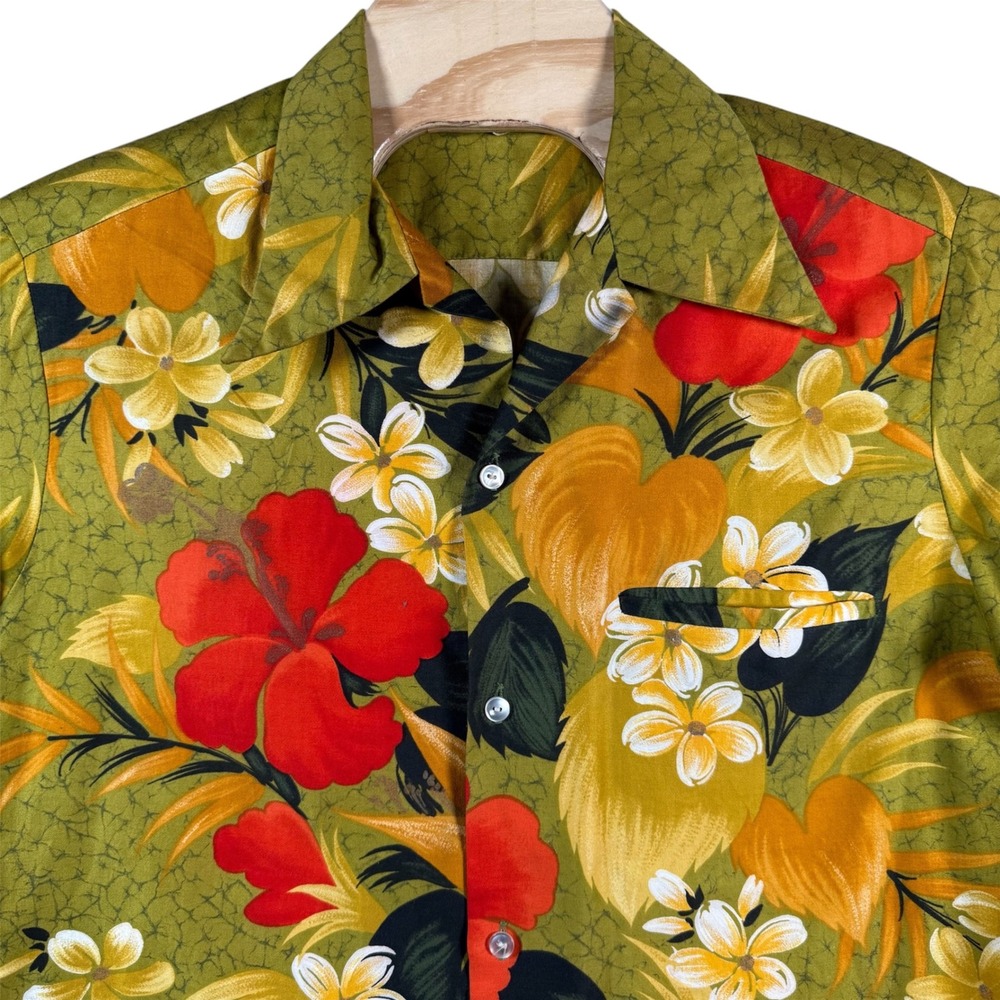 Sears Hawaii Floral Button Down Shirt Mens XL Green Vintage 70s Hibiscus Aloha
